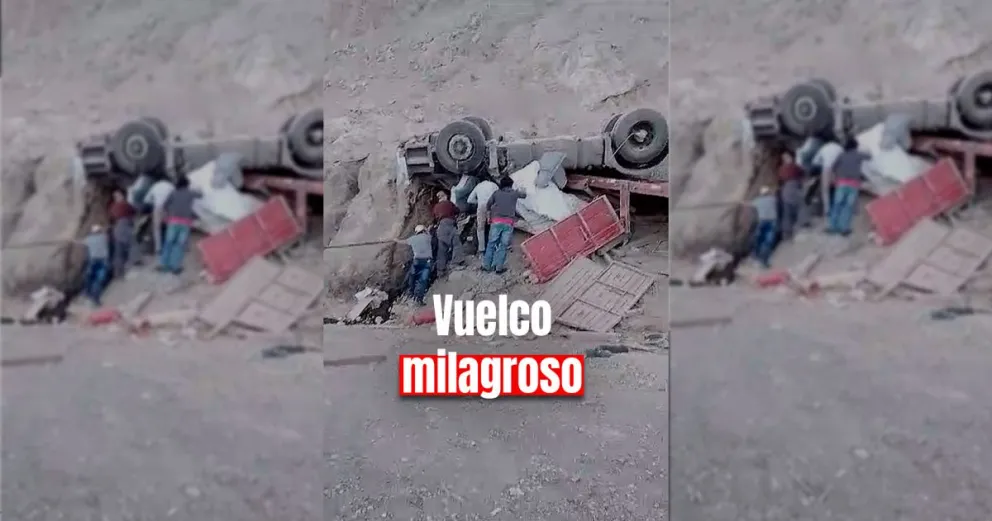 Pachaco: un camión volcó y la gente que pasaba ayudó al chofer a salir del vehículo